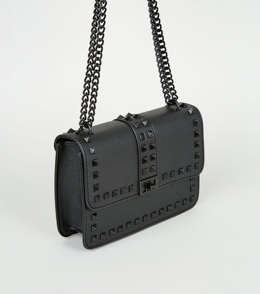Black Leather Look Stud Chain Shoulder Bag